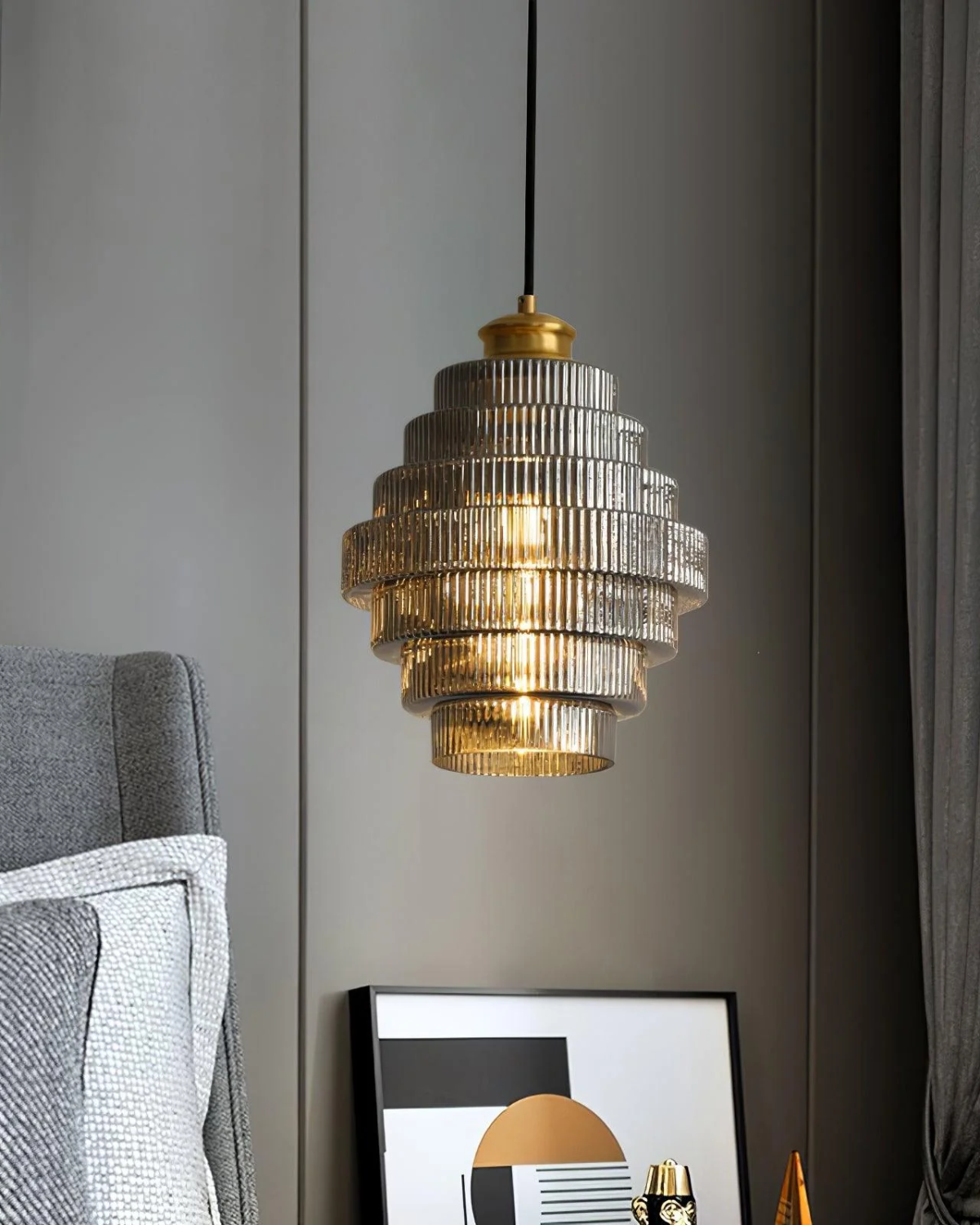 Lampe Suspendue Verre Rippé Doré – Éclairage Chaleureux et Design Élégant 3