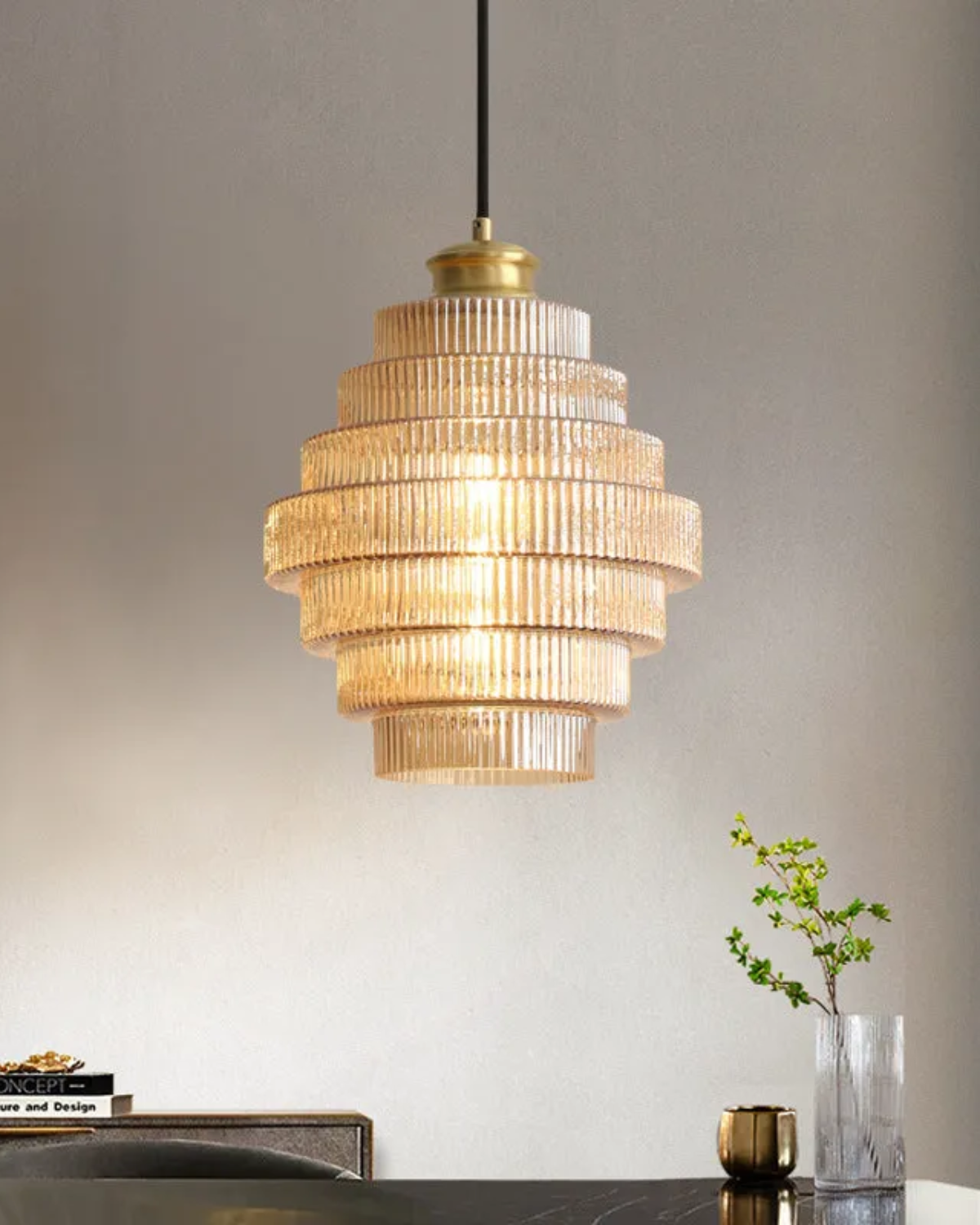 Lampe Suspendue Verre Rippé Doré – Éclairage Chaleureux et Design Élégant 7
