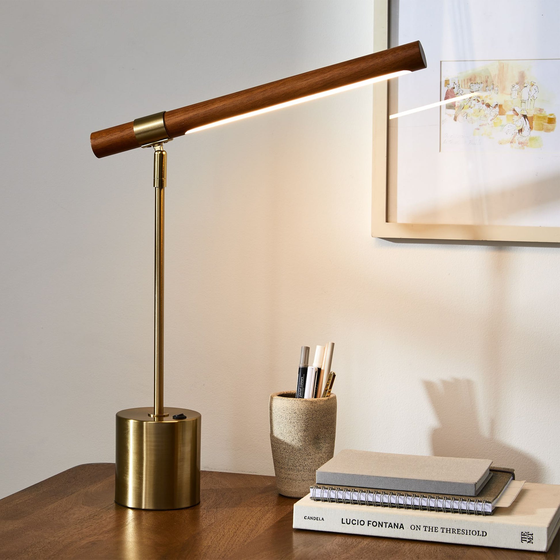 Wood Base LED Lamp with USB Port | Modern Wood LED Desk Lamp with USB | Compact LED Table Lamp – Wood & USB | Axis Compact Swivel Wood LED Table Lamp with USB (18”)