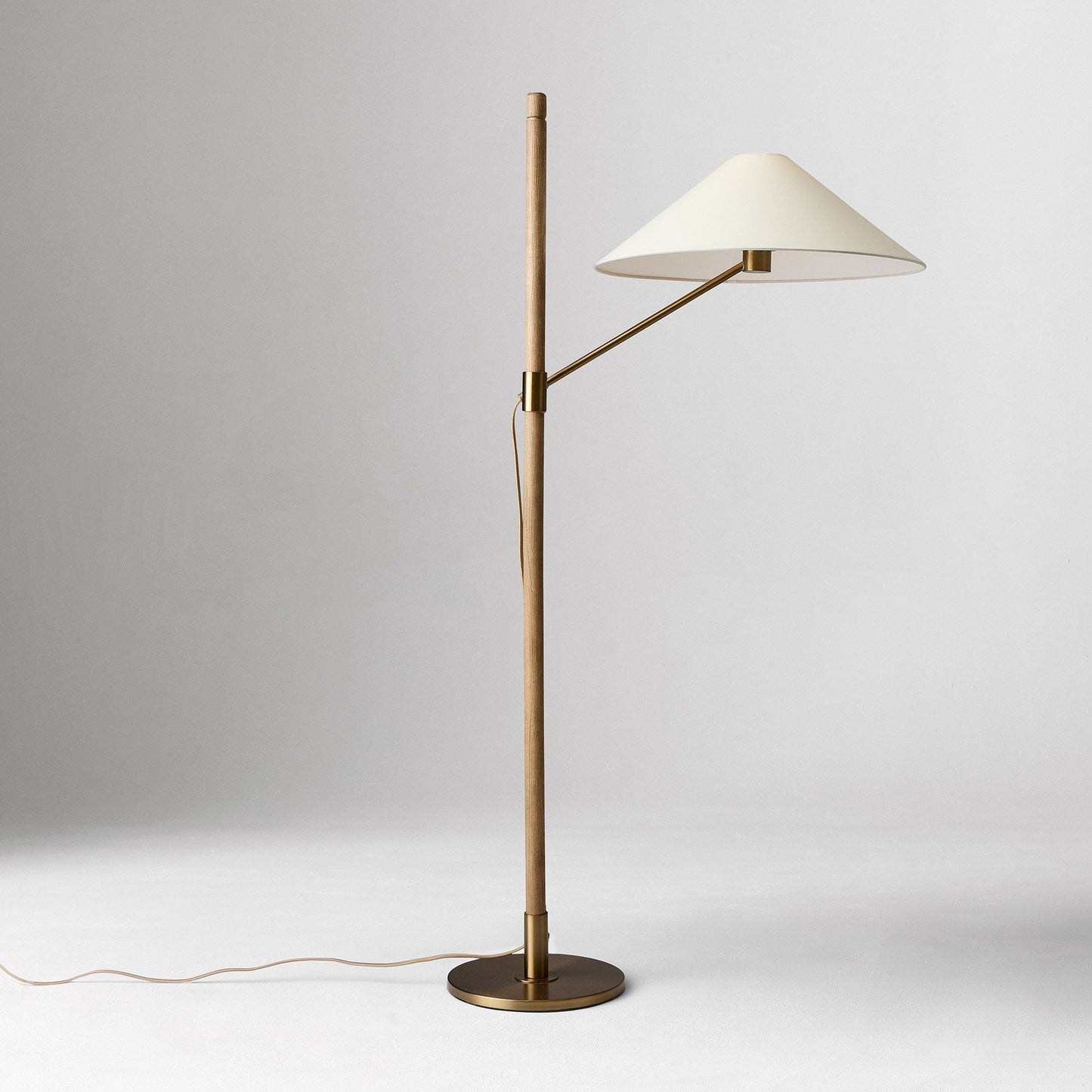 Devon Floor Lamp 64" – Antique Brass & Ash Wood | Modern Ambient Lighting