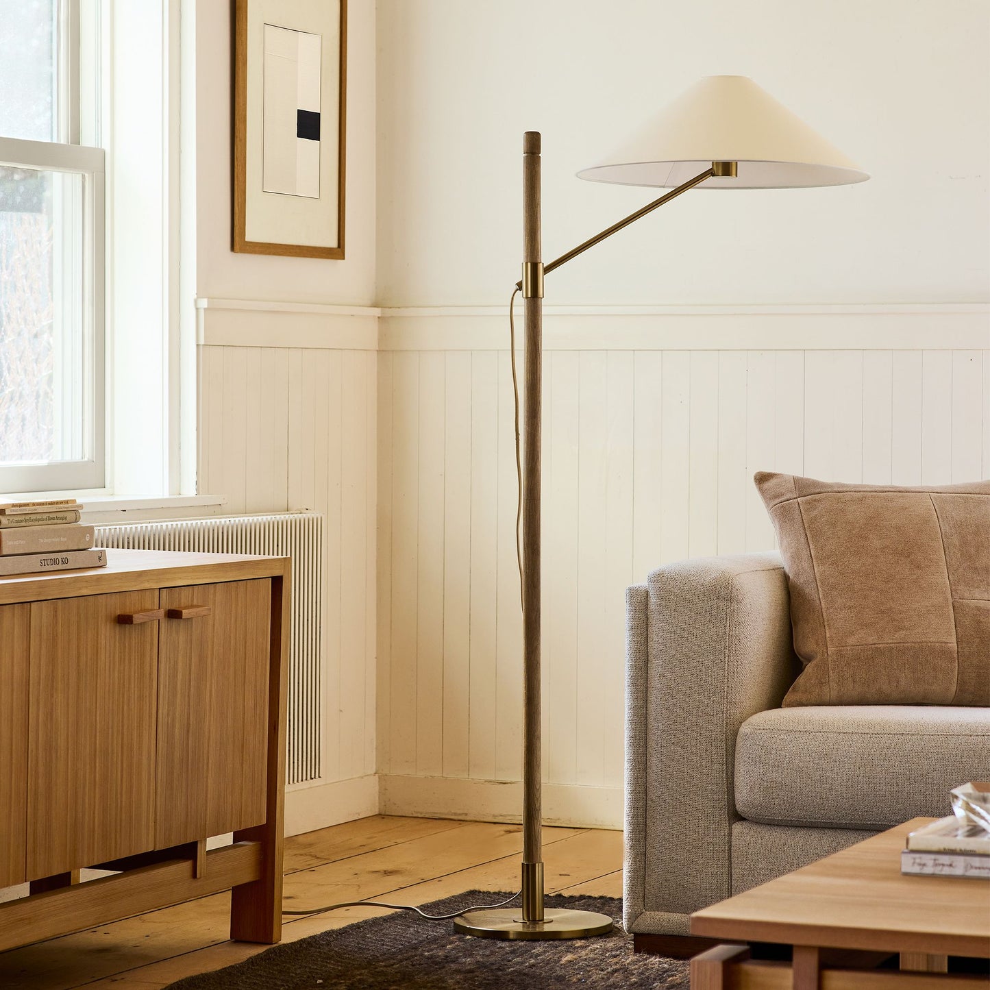 Devon Floor Lamp 64" – Antique Brass & Ash Wood | Modern Ambient Lighting