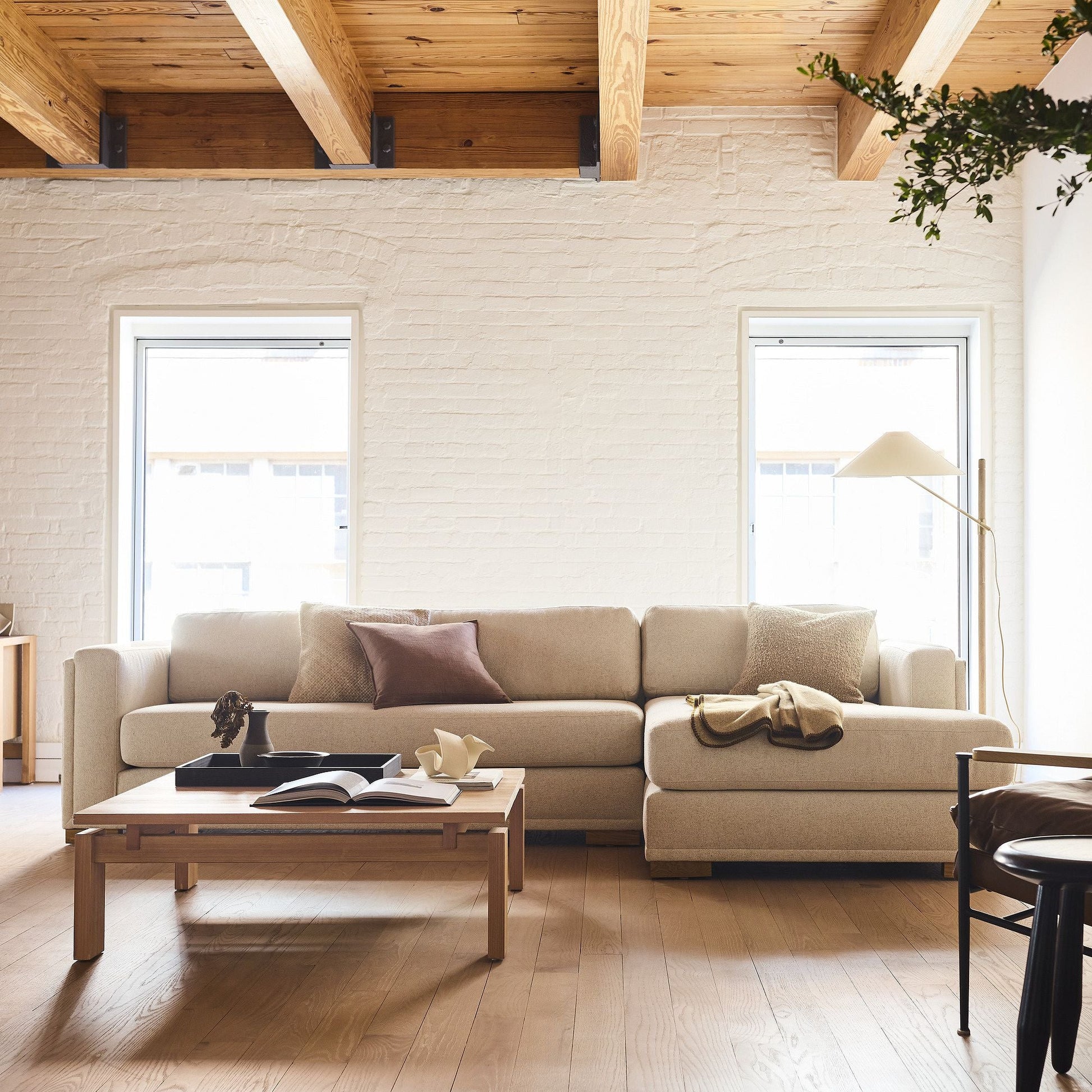 Devon Floor Lamp 64" – Antique Brass & Ash Wood | Modern Ambient Lighting