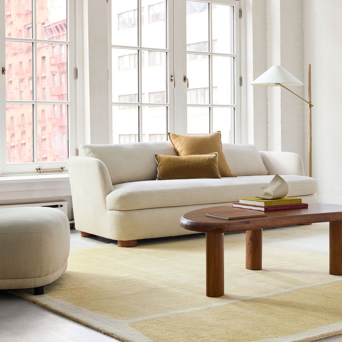 Devon Floor Lamp 64" – Antique Brass & Ash Wood | Modern Ambient Lighting