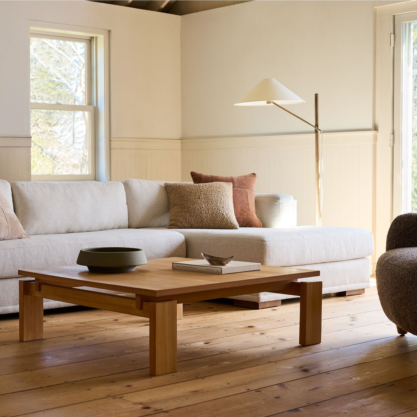 Devon Floor Lamp 64" – Antique Brass & Ash Wood | Modern Ambient Lighting