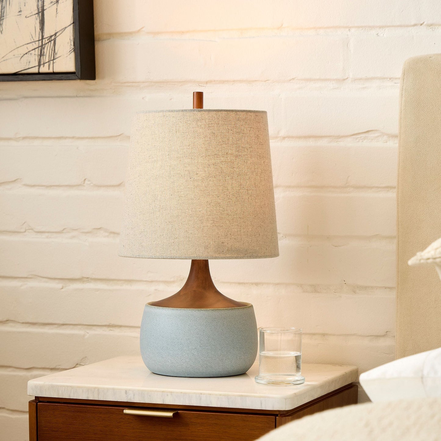 Bingley Ceramic & Wood Table Lamp by Walker & Co – Natural Linen Shade, 16.5"-22", UL Certified Lighting