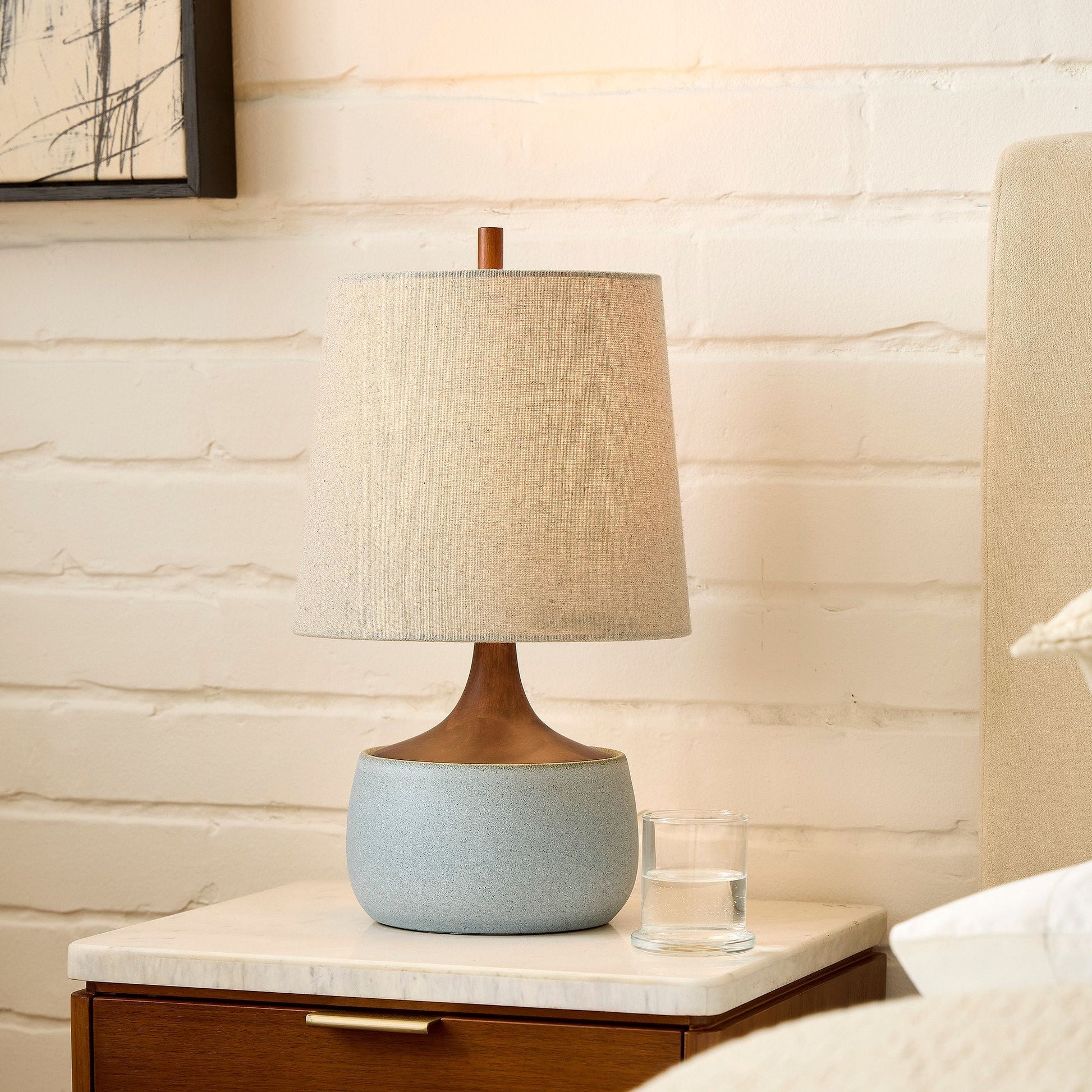 Bingley Ceramic & Wood Table Lamp by Walker & Co – Natural Linen Shade, 16.5"-22", UL Certified Lighting