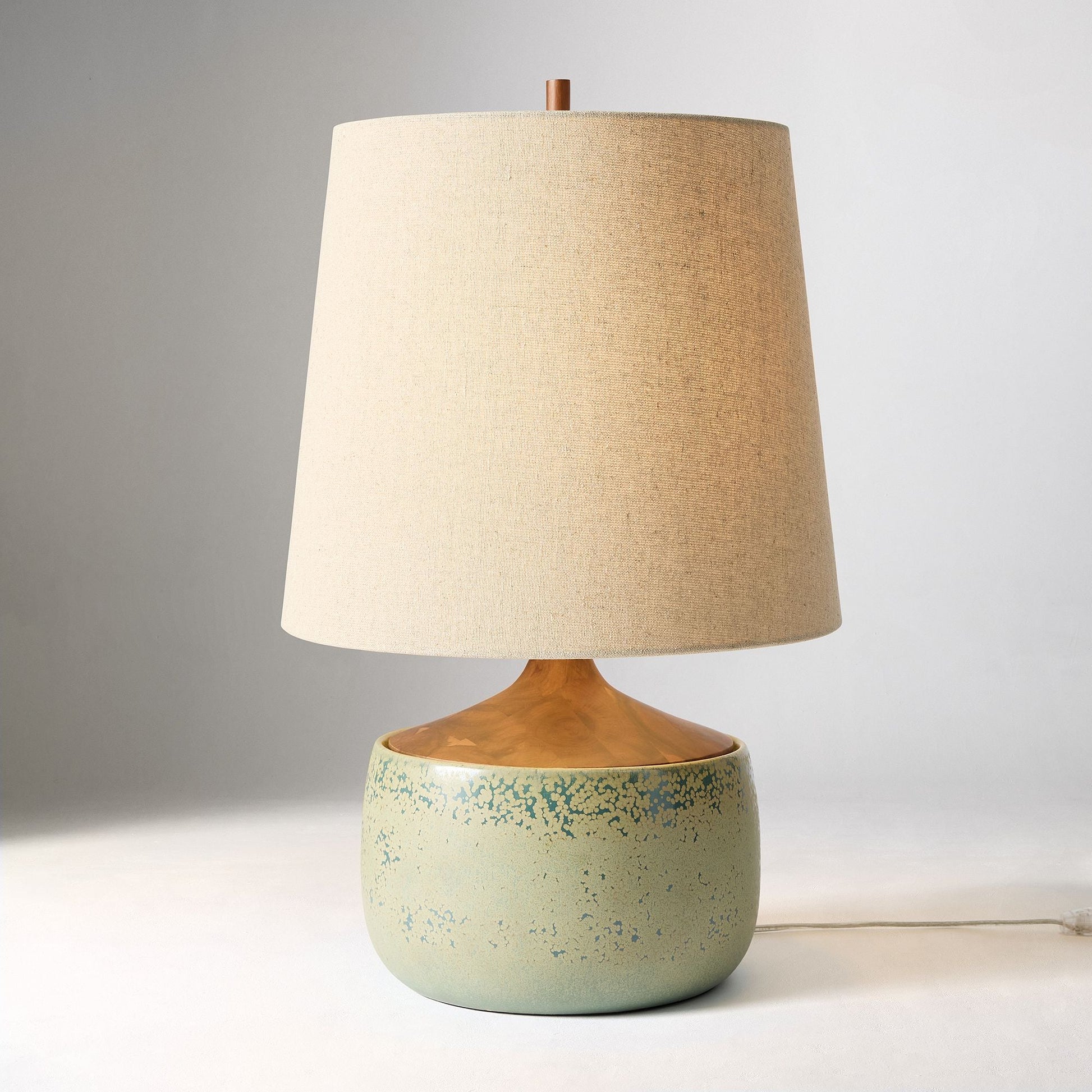 Bingley Ceramic & Wood Table Lamp by Walker & Co – Natural Linen Shade, 16.5"-22", UL Certified Lighting