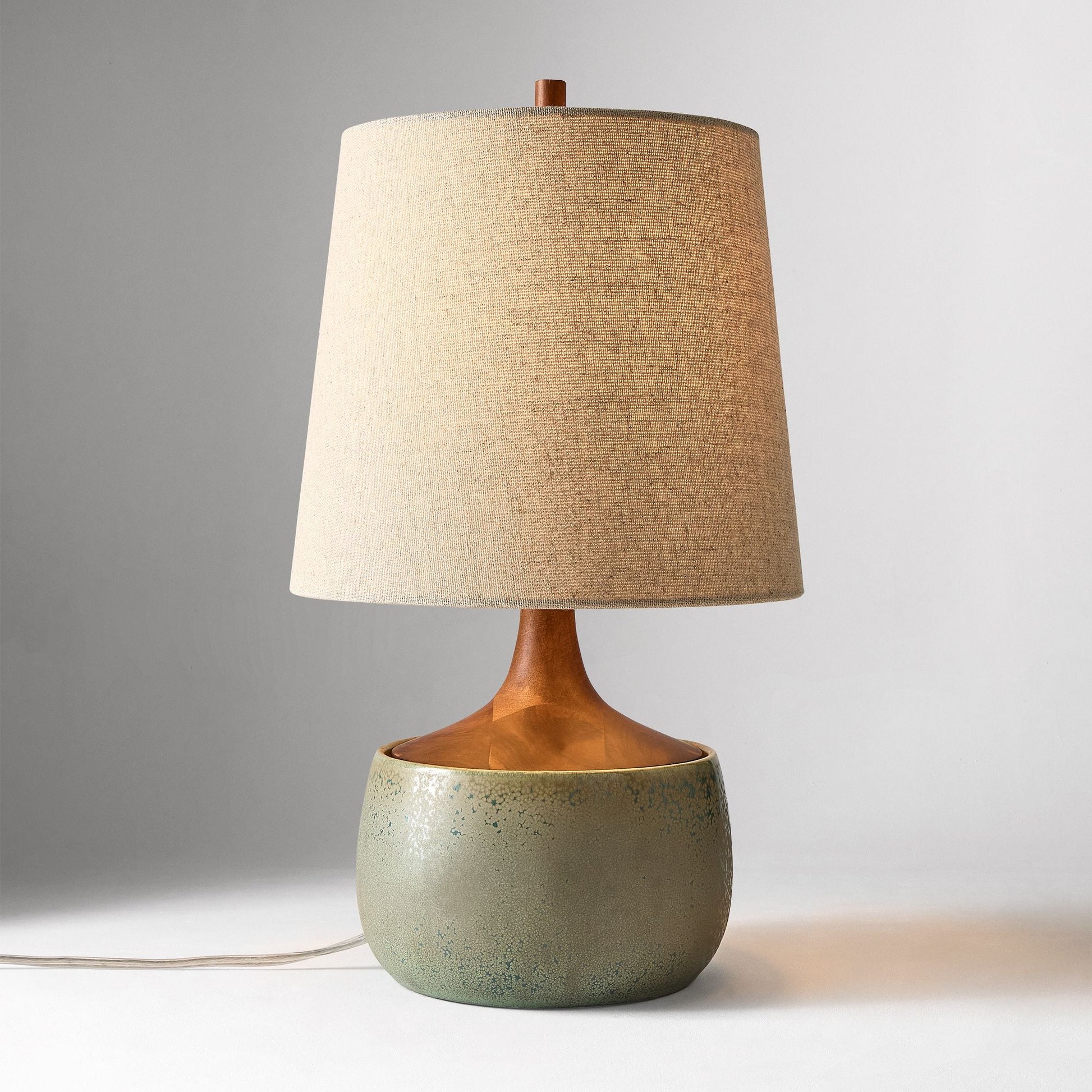 Bingley Ceramic & Wood Table Lamp by Walker & Co – Natural Linen Shade, 16.5"-22", UL Certified Lighting